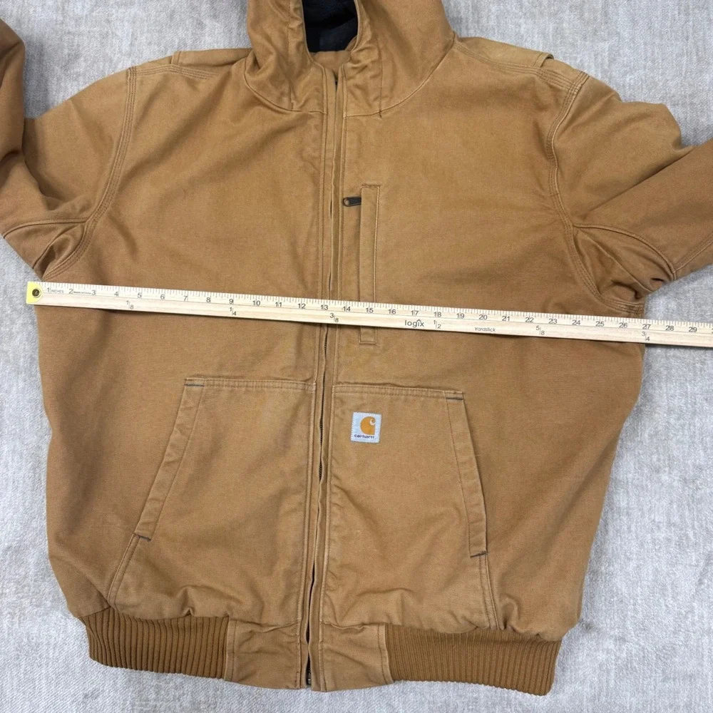Carhartt Hooded Duck Canvas Jacket Brown Fleece Lined Workwear Full Zip Mens XL
